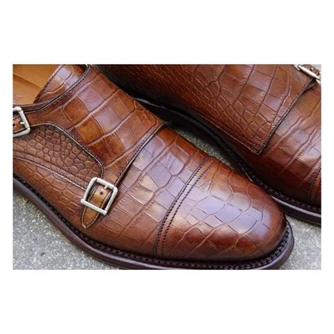 Maison Adam premium brown croc-print double monk straps