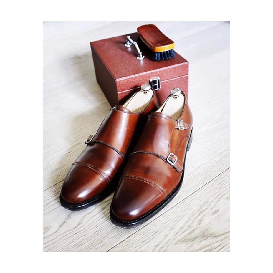Maison Adam tan leather double monk straps